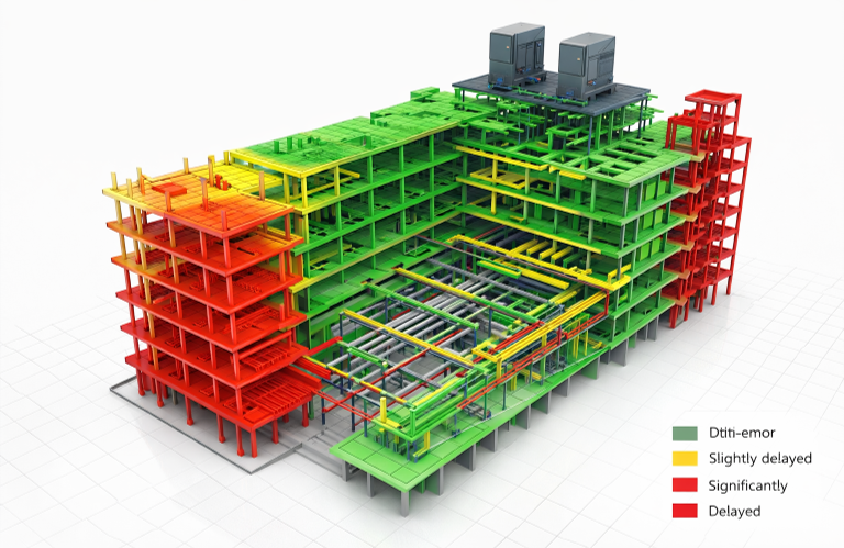 Heatmap 3D SPI — modelo BIM con colores verde, amarillo y rojo por elemento